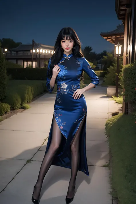 (1girl), best quality, ultra-high res, (photorealistic), (detailed eyes:1.4), (realistic, photo-realistic), perfect lighting, smile, night view, big breast, (long black hair, blunt bangs:1.2), a pair of ggx heels, looking at viewer, facing front, (full body), realistic, light skin, (long china dress:1.2), (black pantyhose:1.2), jewelry, earrings, outdoors, <lora:pantyhose_v20:0.5> <lora:ggx_V2_11:0.5> <lora:ChinaDressStyle1_Remake:0.8>