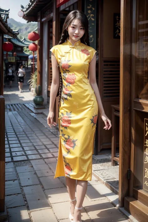 (realistic:1.3), finely detailed, quality, rembrandt lighting, (masterpiece:1.2), (photorealistic:1.2), (best quality), (detailed skin:1.3), (intricate details), dramatic, ray tracing, 1girl, chinese girl, 21 years old, detailed skin texture, (blush:0.5), (goosebumps:0.5), subsurface scattering, smiling, medium breasts, (long braided hair:1.2), bangs, hair between eyes, yellow long china dress, sleeveless, (phoenix print:1.2), high heels, full body, (strolling, bright sunny day, classic chinese architecture, ancient chinese shops, ancient chinese town), <lora:ChinaDressStyle1_Remake:0.8>