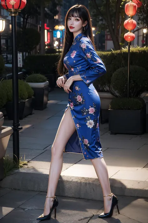 (1girl), best quality, ultra-high res, (photorealistic), (detailed eyes:1.4), (realistic, photo-realistic), perfect lighting, smile, night view, big breast, (long straight hair, blunt bangs:1.2), a pair of ggx heels, looking at viewer, facing front, realistic, light skin, (long china dress:1.2), breast out, jewelry, earrings, outdoors, standing, (full body), <lora:ChinaDressStyle1_Remake:0.8> <lora:ggx_V2_11:0.5>