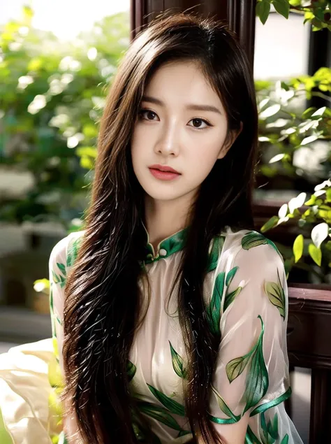 (ultra realistic 8k CG:1.2),perfect artwork,delicate pattern,intricate detail,(unparalleled masterpiece,best quality:1.2),(extremely intricate:1.2),kpop idol,korean beauty,korean mixed,(1girl,solo:1.2),woman,girly,bright eyes,(wet skin,nsfw:1.1),(absurdly long hair:1.4),Floating hair,wind,gale,hair accessories,(silk and Ribbon in front:1.3),earrings,filigree,(see through clothes,translucent clothes,armlet:1.2),(revealing clothes),jewelry,(horizon,simple background,Leaves and plant in front :1.2),<lora:ChinaDress:0.7>,(china dress:1.2),(pureerosface_v1:0.5), (ulzzang-6500-v1.1:0.5),<lora:henrendadi:0.5>,<lora:chinaDolllikenssLora_v1:0.5>,<lora:koreandolllikenessV20_v20:0.3>,<lora:taiwanDollLikeness_v20:0.3>,<lora:flat2:-1>,