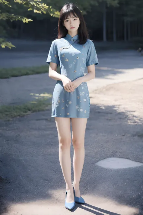 depth of field,blurry background,(realistic:1.7),((best quality)),absurdres,(ultra high res),(photorealistic:1.6),photorealistic,octane render,(hyperrealistic:1.2), (photorealistic face:1.2), (8k), (4k), (Masterpiece),(realistic skin texture),qincai,1girl,(short blue printed china dress:1.7),arms behind back,bare thighs,ulzzang-6500, pureerosface_v1,(full body:1.4), high heels,,(standing),(outdoors), <lora:ChinaDress:0.3>, <lora:qincai-000018:0.7>