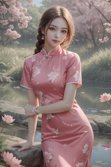 realistic, photorealistic, best quality, masterpiece, ultra high res, finely detailed, quality, realistic lighting, detailed skin, intricate details, raw photo, absurdres, highres, ultra detailed, BREAK, 1girl, solo, looking at viewer, 18 years old, hand of Guido Daniele, (pink long china dress, floral print, birds print, pink hair, long hair, twin braids, colorful, flying petal, jewelry, earrings, bracelet, pink eyes, long eyelashes, cherry blossoms, sun flare, complex background, full-face blush, smile, happy, parted lips, from above, viewing from above, hand on head, picnic basket, in field of flowers, classic chinese pavilion in background, lake, lotus flowers in lake, outdoors, garden, thighs, leaning forward, solo focus, blush), (beautifu and aesthetic face, detailed face, clean facial features, an extremely delicate and beautiful, beautiful detailed eyes, stars in the eyes, Pink lips, Glowing Eyes, perfect face, detailed pupils, Makeup:1.1), (nice hands, sexy, slim, large breasts, skinny, narrow waist, human anatomy:1.1), (detailed light, beautiful detailed glow, detailed background:1.1), (reflection, refraction, Rembrandt lighting, diffuse lighting, radiosity, photon mapping, subsurface scattering, dynamic lighting, Multi-exposure HDR capture, Screen Space Global Illumination, Ray Tracing, Lumen Reflections, Tone Mapping, volumetric lighting, Circular polarizer, broad lighting, dramatic lighting:1.1), BREAK, explosive light and shadow, sharp focus, film grain, rim lighting, two tone lighting, rim light, Overdetailed art, official art, beautiful and aesthetic, beautiful, elegant, vivid colours, warm tone, soft light, delicate, Ultrarealistic, Detailed illustration, extremely detailed CG Unity 8k wallpaper, PBR Texturing, huge filesize, 8k uhd, octane render, unreal engine 5, BREAK, <lora:GoodHands-beta2:1>,  <lora:ChinaDressStyle1_Remake:0.8>