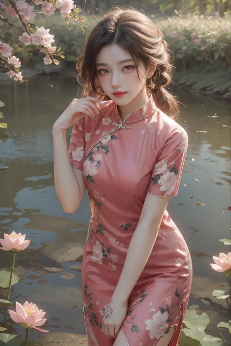 realistic, photorealistic, best quality, masterpiece, ultra high res, finely detailed, quality, realistic lighting, detailed skin, intricate details, raw photo, absurdres, highres, ultra detailed, BREAK, 1girl, solo, looking at viewer, 18 years old, hand of Guido Daniele, (pink long china dress, floral print, birds print, pink hair, long hair, twin braids, colorful, flying petal, jewelry, earrings, bracelet, pink eyes, long eyelashes, cherry blossoms, sun flare, complex background, full-face blush, smile, happy, parted lips, from above, viewing from above, hand on head, picnic basket, in field of flowers, classic chinese pavilion in background, lake, lotus flowers in lake, outdoors, garden, thighs, leaning forward, solo focus, blush), (beautifu and aesthetic face, detailed face, clean facial features, an extremely delicate and beautiful, beautiful detailed eyes, stars in the eyes, Pink lips, Glowing Eyes, perfect face, detailed pupils, Makeup:1.1), (nice hands, sexy, slim, large breasts, skinny, narrow waist, human anatomy:1.1), (detailed light, beautiful detailed glow, detailed background:1.1), (reflection, refraction, Rembrandt lighting, diffuse lighting, radiosity, photon mapping, subsurface scattering, dynamic lighting, Multi-exposure HDR capture, Screen Space Global Illumination, Ray Tracing, Lumen Reflections, Tone Mapping, volumetric lighting, Circular polarizer, broad lighting, dramatic lighting:1.1), BREAK, explosive light and shadow, sharp focus, film grain, rim lighting, two tone lighting, rim light, Overdetailed art, official art, beautiful and aesthetic, beautiful, elegant, vivid colours, warm tone, soft light, delicate, Ultrarealistic, Detailed illustration, extremely detailed CG Unity 8k wallpaper, PBR Texturing, huge filesize, 8k uhd, octane render, unreal engine 5, BREAK, <lora:GoodHands-beta2:1>,  <lora:ChinaDressStyle1_Remake:0.8>