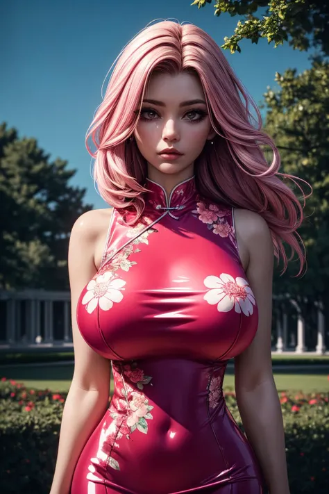 (ultra realistic,32k,RAW photo:1.1),(high detailed skin:1.1), 8k uhd, dslr, high quality, film grain, (makeup, mascara:1.1), lips,(thick\lips\),
(shiny glossy translucent clothing:1.1), 1girl,pink hair, long hair,(aqua eyes:0.9),<lora:ChinaDressStyle1_Remake:0.7>short china dress,floral print, <lora:add_detail:0.99>, huge breast, (upper body:1.1),
fr
(busty:1.1) , (chubby:0.1),(glowwave:1.1), <lora:LowRA:0.4>, dark theme , sculpture garden, art installations, serene surroundings, contemplation