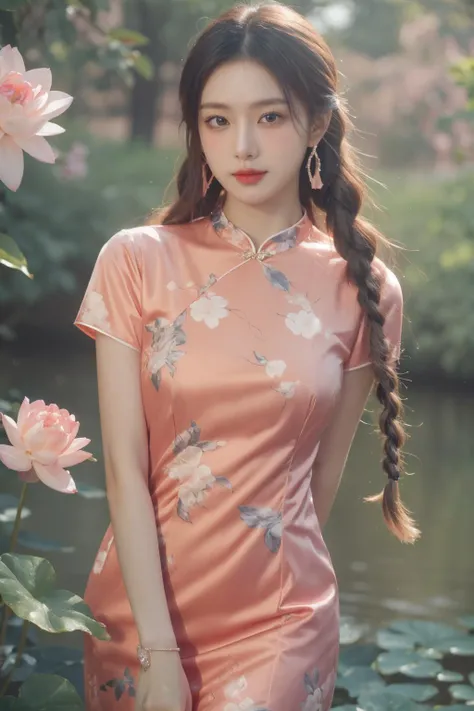 realistic, photorealistic, best quality, masterpiece, ultra high res, finely detailed, quality, realistic lighting, detailed skin, intricate details, raw photo, absurdres, highres, ultra detailed, BREAK, 1girl, solo, looking at viewer, 18 years old, hand of Guido Daniele, (pink long china dress, floral print, birds print, pink hair, long hair, twin braids, colorful, flying petal, jewelry, earrings, bracelet, pink eyes, long eyelashes, cherry blossoms, sun flare, complex background, full-face blush, smile, happy, parted lips, from above, viewing from above, hand on head, picnic basket, in field of flowers, classic chinese pavilion in background, lake, lotus flowers in lake, outdoors, garden, thighs, leaning forward, solo focus, blush), (beautifu and aesthetic face, detailed face, clean facial features, an extremely delicate and beautiful, beautiful detailed eyes, stars in the eyes, Pink lips, Glowing Eyes, perfect face, detailed pupils, Makeup:1.1), (nice hands, sexy, slim, large breasts, skinny, narrow waist, human anatomy:1.1), (detailed light, beautiful detailed glow, detailed background:1.1), (reflection, refraction, Rembrandt lighting, diffuse lighting, radiosity, photon mapping, subsurface scattering, dynamic lighting, Multi-exposure HDR capture, Screen Space Global Illumination, Ray Tracing, Lumen Reflections, Tone Mapping, volumetric lighting, Circular polarizer, broad lighting, dramatic lighting:1.1), BREAK, explosive light and shadow, sharp focus, film grain, rim lighting, two tone lighting, rim light, Overdetailed art, official art, beautiful and aesthetic, beautiful, elegant, vivid colours, warm tone, soft light, delicate, Ultrarealistic, Detailed illustration, extremely detailed CG Unity 8k wallpaper, PBR Texturing, huge filesize, 8k uhd, octane render, unreal engine 5, BREAK, <lora:GoodHands-beta2:1>, <lora:ChinaDressStyle1_Remake:0.8>