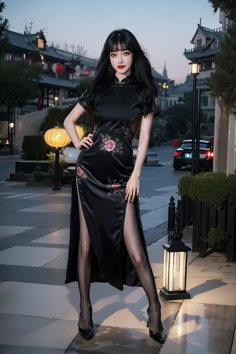 (1girl), best quality, ultra-high res, (photorealistic), (detailed eyes:1.4), (realistic, photo-realistic), perfect lighting, smile, night view, big breast, (long black hair, blunt bangs:1.2), a pair of ggx heels, looking at viewer, facing front, (full body), realistic, light skin, (long china dress:1.2), (black pantyhose:1.2), jewelry, earrings, outdoors, <lora:pantyhose_v20:0.5> <lora:ggx_V2_11:0.5> <lora:ChinaDressStyle1_Remake:0.7>