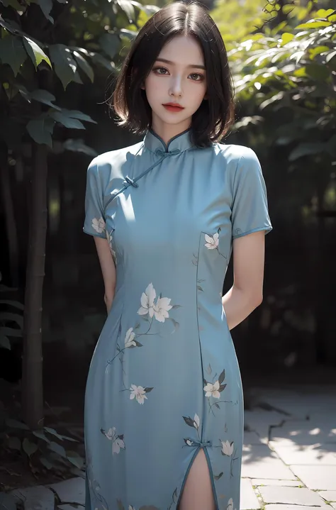 (blue printed china dress),1 girl,(short hair:1.1), (arms behind back:1.1),(realistic:1.7),((best quality)),absurdres,(ultra high res),(photorealistic:1.6),photorealistic,octane render,(hyperrealistic:1.2), (photorealistic face:1.2), (8k), (4k), (Masterpiece),(realistic skin texture), (illustration, cinematic lighting,wallpaper),( beautiful eyes:1.2),((((perfect face)))),(cute),(standing),(black hair),(short hair),black eyes,red lips, (outdoors), <lora:koreanDollLikeness_v15:0.3>, <lora:ChinaDress:0.55>,