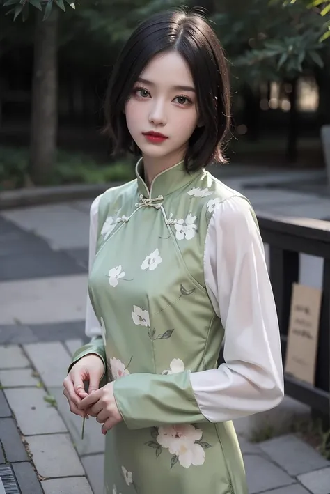 (light green long sleeves printed china dress),1 girl,upper body, high heels,(short hair:1.1), (realistic:1.7),((best quality)),absurdres,(ultra high res),(photorealistic:1.6),photorealistic,octane render,(hyperrealistic:1.2), (photorealistic face:1.2), (8k), (4k), (Masterpiece),(realistic skin texture), (illustration, cinematic lighting,wallpaper),( beautiful eyes:1.2),((((perfect face)))),(cute),(standing),(black hair),(short hair),black eyes,red lips, (outdoors),<lora:ChinaDress:0.55>, <lora:JapaneseDollLikeness_v15:0.4>