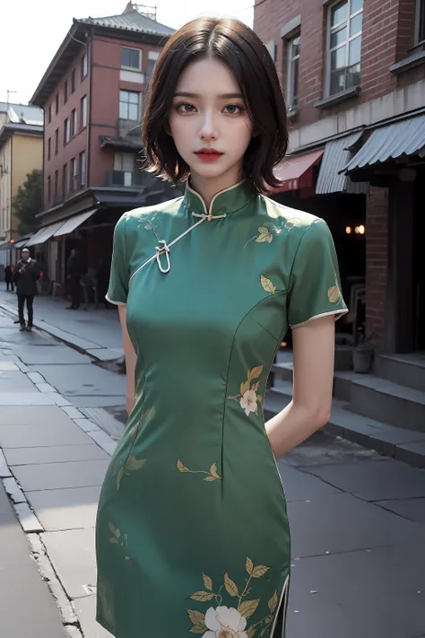 (green printed china dress),1 girl,(short hair:1.1), (arms behind back:1.1),(realistic:1.7),((best quality)),absurdres,(ultra high res),(photorealistic:1.6),photorealistic,octane render,(hyperrealistic:1.2), (photorealistic face:1.2), (8k), (4k), (Masterpiece),(realistic skin texture), (illustration, cinematic lighting,wallpaper),( beautiful eyes:1.2),((((perfect face)))),(cute),(standing),(black hair),(short hair),black eyes,red lips, (outdoors), <lora:koreanDollLikeness_v15:0.3>, <lora:ChinaDress:0.55>,
