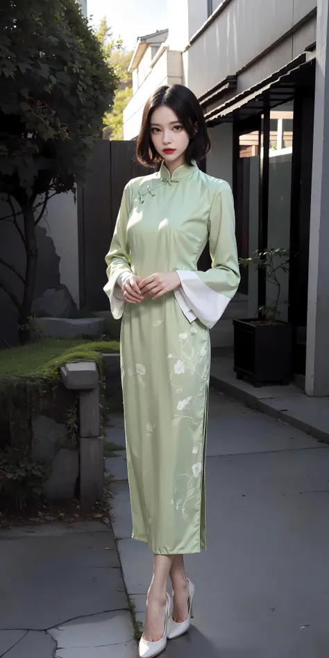 (light green long sleeves printed china dress),1 girl,full body, high heels,(short hair:1.1), (realistic:1.7),((best quality)),absurdres,(ultra high res),(photorealistic:1.6),photorealistic,octane render,(hyperrealistic:1.2), (photorealistic face:1.2), (8k), (4k), (Masterpiece),(realistic skin texture), (illustration, cinematic lighting,wallpaper),( beautiful eyes:1.2),((((perfect face)))),(cute),(standing),(black hair),(short hair),black eyes,red lips, (outdoors), <lora:koreanDollLikeness_v15:0.3>, <lora:ChinaDress:0.55>,