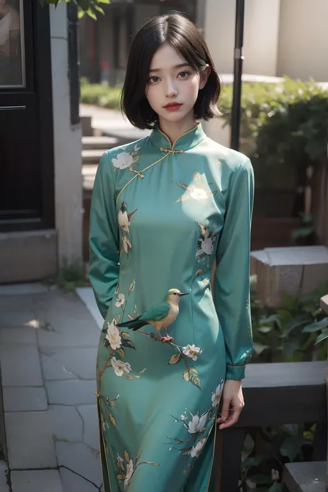 (akusema and blue and green birds printed china dress),(white long sleeves),1 girl,upper body, high heels,(short hair:1.1), (realistic:1.7),((best quality)),absurdres,(ultra high res),(photorealistic:1.6),photorealistic,octane render,(hyperrealistic:1.2), (photorealistic face:1.2), (8k), (4k), (Masterpiece),(realistic skin texture), (illustration, cinematic lighting,wallpaper),( beautiful eyes:1.2),((((perfect face)))),(cute),(standing),(black hair),(short hair),black eyes,red lips, (outdoors),<lora:ChinaDress:0.55>, <lora:JapaneseDollLikeness_v15:0.4>,