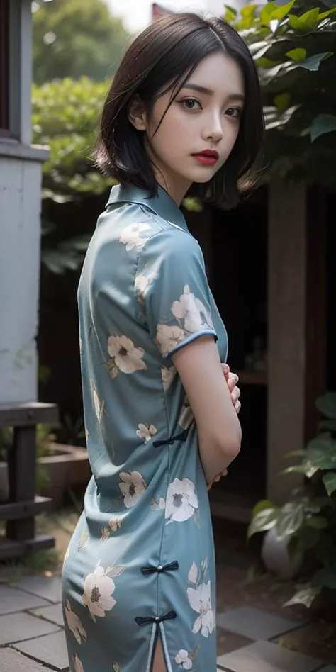 (blue printed china dress),1 girl,(short hair:1.1), (arms behind back:1.1),(realistic:1.7),((best quality)),absurdres,(ultra high res),(photorealistic:1.6),photorealistic,octane render,(hyperrealistic:1.2), (photorealistic face:1.2), (8k), (4k), (Masterpiece),(realistic skin texture), (illustration, cinematic lighting,wallpaper),( beautiful eyes:1.2),((((perfect face)))),(cute),(standing),(black hair),(short hair),black eyes,red lips, (outdoors),
<lora:ChinaDress_Qipaov1:0.55>, <lora:koreandolllikenessV20_v20:0.3>