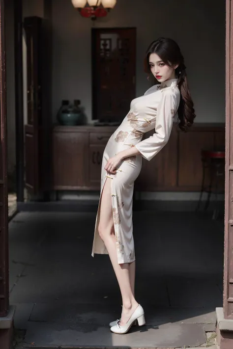 nsfw, 8K raw photo, Best quality, masterpiece, ultra high res, looking at viewer, (long brown hair:1.2), natural skin texture, realistic eye and face details, rouge \(makeup\), full lips, parted lips, lipstick, beautiful legs, tall female, skinny, slim_legs, thigh_gap, model, medium breasts, Chinese style courtyard, outdoors, China Dress, ((shirtlift)), <lora:ChinaDress:0.8:CLOTHING> <lora:FilmProvia2:0.8>