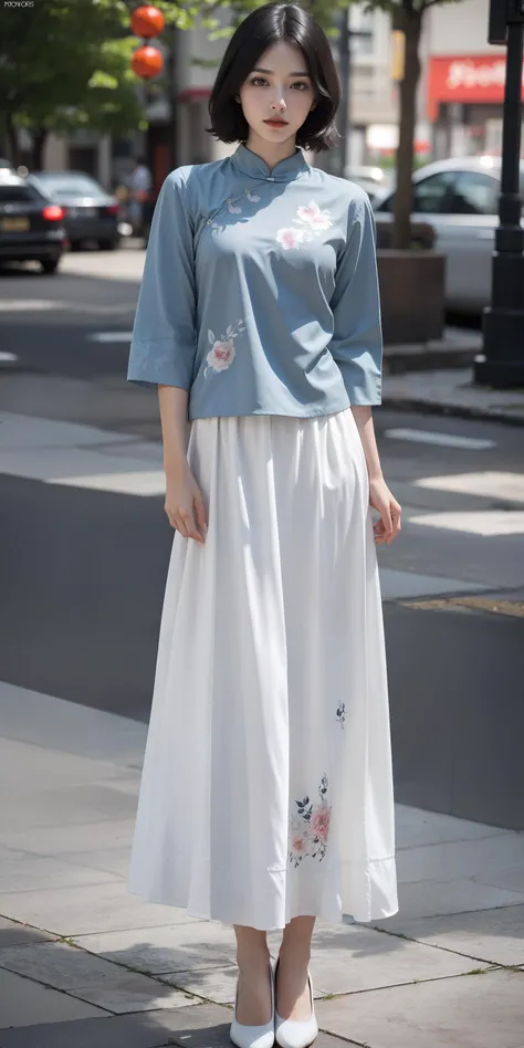 <lora:ChinaDressV2.0:0.55>,(blue chinese upshirt:1.2),(floral printed chinese upshirt:1.2),(white long skirt:1.2),(floral printed long skirt:1.2),1 girl,full body, high heels,(short hair:1.1), (realistic:1.7),((best quality)),absurdres,(ultra high res),(photorealistic:1.6),photorealistic,octane render,(hyperrealistic:1.2), (photorealistic face:1.2), (8k), (4k), (Masterpiece),(realistic skin texture), (illustration, cinematic lighting,wallpaper),( beautiful eyes:1.2),((((perfect face)))),(cute),(standing),(black hair),(short hair),black eyes,red lips, (outdoors), <lora:JapaneseDollLikeness_v15:0.4>