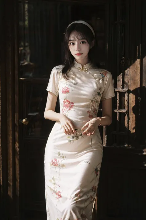 (photorealistic:1.4),8k,(masterpiece), best quality, highest quality, (detailed face:1.5),original,highres, unparalleled masterpiece, ultra realistic 8k, perfect artwork, ((perfect female figure)),mature female, milf, narrow waist, skinny,detailed skin,depth of field, 
1girl, solo, black hair, hairband, realistic, long hair,  lips, holding flower, indoors, short sleeves,standing, (full body:1.2), window,jewelry,necklace, bracelet,china dress, shelf, classic theme,sunlight, nature light ,(kahuka1:1.2), looking outside,cinemagraph,  
 <lora:kahuka-pynoise:1.5> <lora:Velvia2:0.5>  <lora:ChinaDress:0.7>