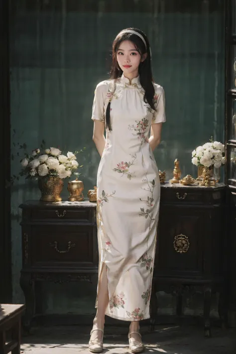 (photorealistic:1.4),8k,(masterpiece), best quality, highest quality, (detailed face:1.5),original,highres, unparalleled masterpiece, ultra realistic 8k, perfect artwork, ((perfect female figure)),mature female, milf, narrow waist, skinny,detailed skin,
1girl, solo, black hair, hairband, realistic, long hair, lips, holding flower, indoors, short sleeves,standing, (full body:1.2), window,jewelry,necklace, bracelet,china dress, shelf, classic theme,sunlight, nature light ,(kahuka1:1.2), looking outside,cinemagraph,
<lora:kahuka-pynoise:1.5> <lora:Velvia2:0.4> <lora:ChinaDress:0.7>