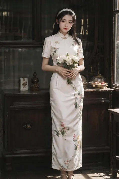 (photorealistic:1.4),8k,(masterpiece), best quality, highest quality, (detailed face:1.5),original,highres, unparalleled masterpiece, ultra realistic 8k, perfect artwork, ((perfect female figure)),mature female, milf, narrow waist, skinny,detailed skin,
1girl, solo, black hair, hairband, realistic, long hair,  lips, holding flower, indoors, short sleeves,standing, (full body:1.2), window,jewelry,necklace, bracelet,china dress, shelf, classic theme,sunlight, nature light ,(kahuka1:1.2), looking outside,cinemagraph,  
 <lora:kahuka-pynoise:1.5> <lora:Velvia2:0.4>  <lora:ChinaDress:0.7>