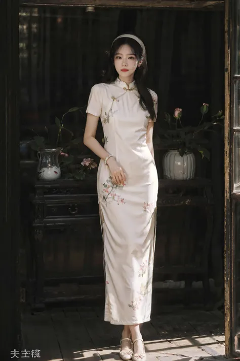 (photorealistic:1.4),8k,(masterpiece), best quality, highest quality, (detailed face:1.5),original,highres, unparalleled masterpiece, ultra realistic 8k, perfect artwork, ((perfect female figure)),mature female, milf, narrow waist, skinny,detailed skin,depth of field,
1girl, solo, black hair, hairband, realistic, long hair, lips, holding flower, indoors, short sleeves,standing, (full body:1.2), window,jewelry,necklace, bracelet,china dress, shelf, classic theme,sunlight, nature light ,(kahuka1:1.2), looking outside,cinemagraph,
<lora:kahuka-pynoise:1.5> <lora:Velvia2:0.5> <lora:ChinaDress:0.7>