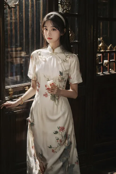 (photorealistic:1.4),8k,(masterpiece), best quality, highest quality, (detailed face:1.5),original,highres, unparalleled masterpiece, ultra realistic 8k, perfect artwork, ((perfect female figure)),mature female, milf, narrow waist, skinny,detailed skin,depth of field,
1girl, solo, black hair, hairband, realistic, long hair, lips, holding flower, indoors, short sleeves,standing, (full body:1.2), window,jewelry,necklace, bracelet,china dress, shelf, classic theme,sunlight, nature light ,(kahuka1:1.2), looking outside,cinemagraph,
<lora:kahuka-pynoise:1.5> <lora:Velvia2:0.5> <lora:ChinaDress:0.7>