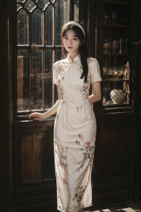 (photorealistic:1.4),8k,(masterpiece), best quality, highest quality, (detailed face:1.5),original,highres, unparalleled masterpiece, ultra realistic 8k, perfect artwork, ((perfect female figure)),mature female, milf, narrow waist, skinny,detailed skin,depth of field, 
1girl, solo, black hair, hairband, realistic, long hair,  lips, holding flower, indoors, short sleeves,standing, (full body:1.2), window,jewelry,necklace, bracelet,china dress, shelf, classic theme,sunlight, nature light ,(kahuka1:1.2), looking outside,cinemagraph,  sunset, 
 <lora:kahuka-pynoise:1.5> <lora:Velvia2:0.5>  <lora:ChinaDress:0.7>