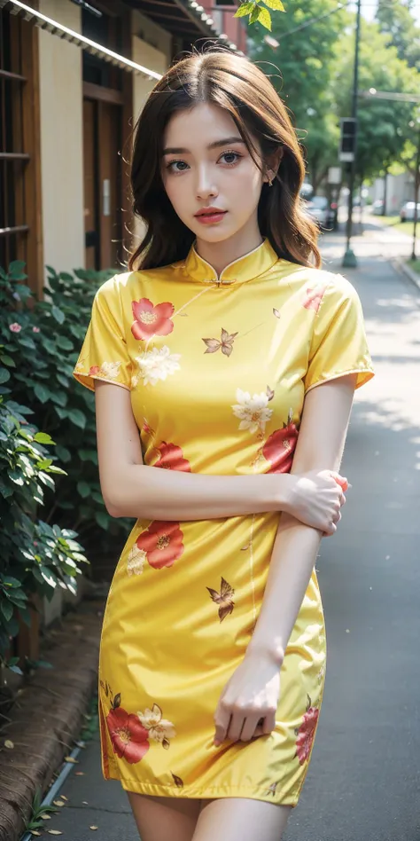 Highest quality, masterpiece,32K ,photograph、 Realistic, High resolution, 8k RAWphotograph,alone, 1 person,、Age 35、Slim figure、A sloppy smile、 ((((Sleeveless yellow cheongsam))))、In the mountains、High heels