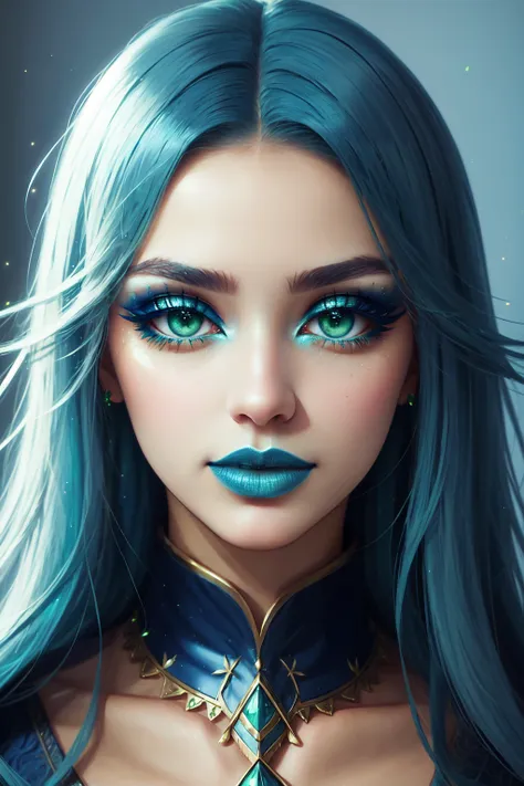 <lora:FrostedElves:0.8> 1girl, solo, long hair, looking at viewer, green eyes, upper body, lips, eyelashes, makeup, lipstick, portrait, blue theme, blue lips