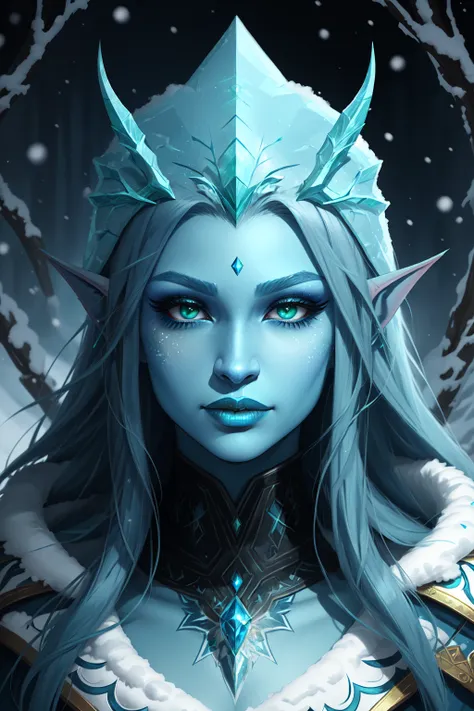 <lora:FrostedElves:0.8> 1girl, solo, long hair, looking at viewer, green eyes, upper body, lips, eyelashes, makeup, lipstick, portrait, blue theme, blue lips, frost, ice, snow, elf, pointed ears, colored skin, blue skin