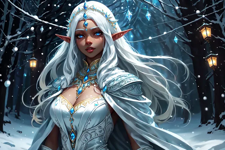 1girl, solo, long hair, looking at viewer, elf, white eyes, blind, pearls, string lights, white hair, parted lips, dark skin, dark-skinned female, lips, realistic, fantasy painting, frost, ice, snow, winter theme, royal gown, white dress, shawl, narnia, outdoors, tundra <lora:FrostedElves:0.65>