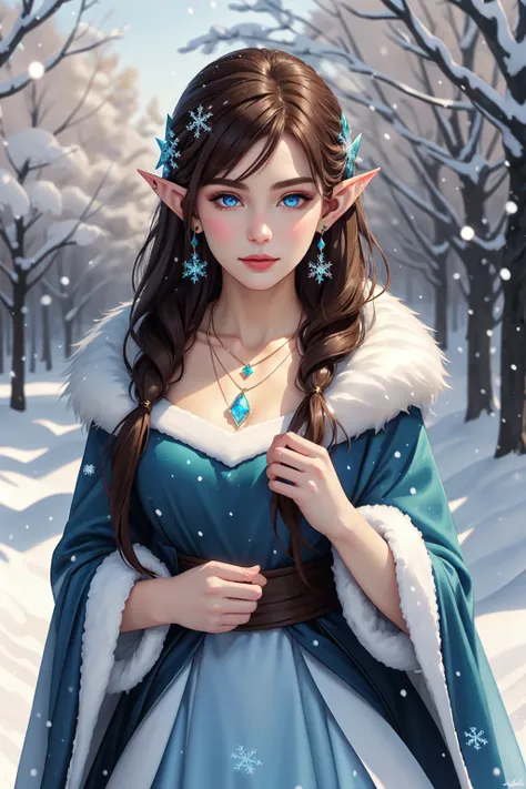 1girl, solo, elf, long hair, looking at viewer, blue eyes, brown hair, dress, jewelry, closed mouth, earrings, necklace, fur trim, makeup, blurry background, blue dress, gem, snow, snowing, snowflakes ,winter theme, realistic, watercolor painting, ink splash, shawl <lora:FrostedElves:0.65>