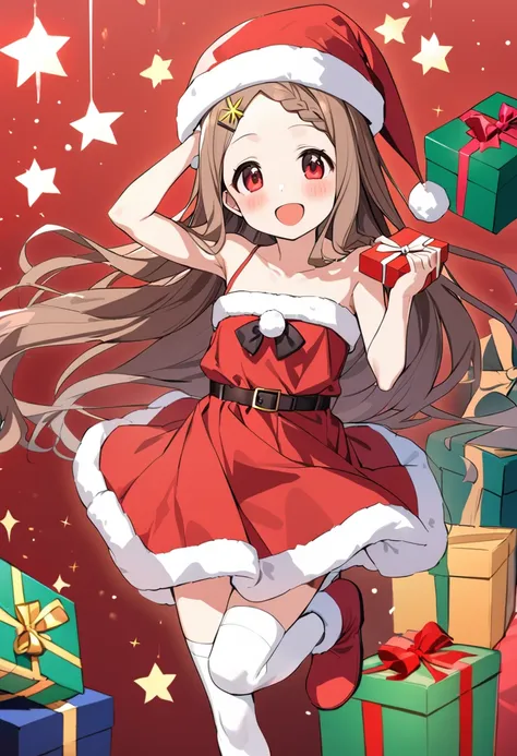 1girl, aoba kokona, solo, thighhighs, santa hat, white legwear, open mouth, red eyes, gift, braided bangs, hairclip, brown hair, smile, red dress, box, blush, red footwear, red headwear, :d, gift box, fur trim, looking at viewer, full body, standing, santa costume, collarbone, fur-trimmed headwear, very long hair, fur-trimmed boots, standing on one leg, holding gift, arm up, sleeveless dress, bare shoulders, fur-trimmed dress, black bow, sparkle, bangs, spaghetti strap, floating hair, santa boots, hand on headwear, christmas, leg up, hand on own head, bare arms, star hair ornament, pleated dress, armpits, star \(symbol\), strapless, belt, forehead, holding box, ankle boots, zettai ryouiki, ribbon, santa dress, flat chest, pom pom \(clothes\), masterpiece, best quality <lora:aoba_kokona_sdxl_locon_ani_v1:0.7>