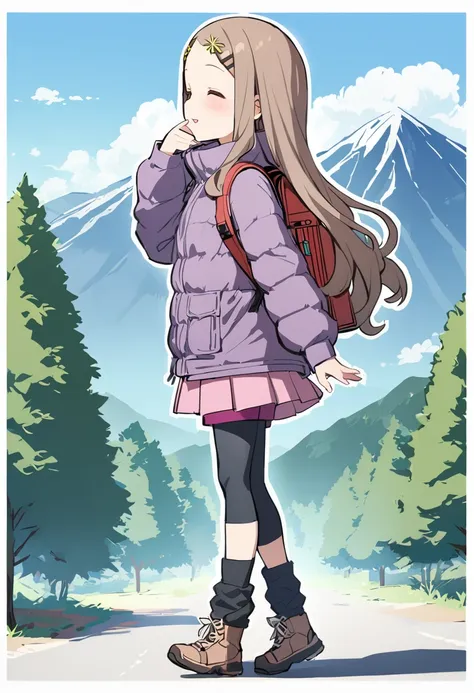 1girl, aoba kokona, closed eyes, solo, smile, bag, brown hair, bike shorts, backpack, hairclip, blush, long sleeves, brown footwear, pleated skirt, forehead, pink skirt, shorts under skirt, braided bangs, full body, standing, white shirt, socks, walking, boots, black shorts, facing viewer, hair flower, parted lips, very long hair, ^ ^, parted bangs, hand up, loose socks, purple jacket, down jacket, light brown hair, hand to own mouth, day, outdoors, outline, star hair ornament, mountain, blue sky, cloud, short shorts, tree, black legwear, cross-laced footwear, from side, masterpiece, best quality <lora:aoba_kokona_sdxl_locon_ani_v1:0.7>