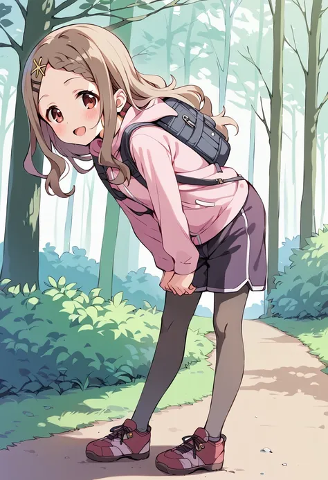 score_9, score_8_up, score_7_up, best quality, masterpiece, source_anime BREAK
aoba kokona, 1girl, solo, long hair, pantyhose, open mouth, bag, hairclip, smile, braided bangs, leaning forward, brown hair, blush, looking at viewer, :d, backpack, outdoors, pink jacket, red eyes, socks, long sleeves, grey legwear, full body, day, brown footwear, flower, running, hair flower, holding strap, brown eyes, standing, black legwear, white legwear, tree, forehead, hood down, sneakers, bent over, pink hoodie, light brown hair, red footwear, nature, wavy hair, purple skirt, hooded jacket, bush, from side, track jacket, pink sweater, black shorts, x hair ornament, forest, parted bangs, gym shorts, grey hair, grass <lora:aoba_kokona_sdxl_locon_pony_v1:0.7>