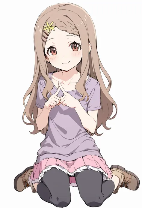 1girl, aoba kokona, solo, long hair, brown hair, braided bangs, brown eyes, index fingers together, smile, fingers together, white background, sitting, simple background, hairclip, looking at viewer, flower, wariza, pink skirt, hair flower, blush, leggings, floral print, black legwear, short sleeves, brown footwear, fidgeting, full body, x fingers, layered skirt, purple shirt, collarbone, miniskirt, pleated skirt, frilled skirt, thigh gap, closed mouth, pants under skirt, capri pants, ankle boots, kneeling, bangs, masterpiece, best quality <lora:aoba_kokona_sdxl_locon_ani_v1:0.7>