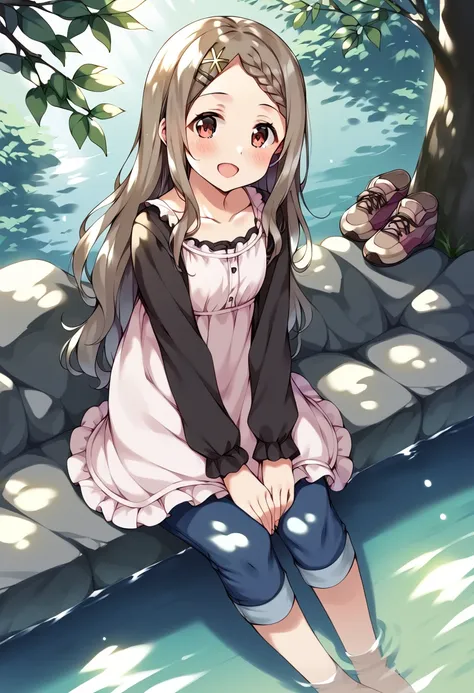 score_9, score_8_up, score_7_up, best quality, masterpiece, source_anime BREAK
aoba kokona, 1girl, barefoot, solo, open mouth, water, smile, hairclip, shoes removed, braided bangs, soaking feet, blush, pants rolled up, :d, sitting, long sleeves, brown hair, outdoors, sunlight, brown eyes, rock, day, leaf, collarbone, black shirt, capri pants, brown footwear, shoulder bag, hand between legs, brown dress, wading, pink dress, branch, grey hair, pink footwear, red eyes, looking at viewer, denim, dappled sunlight, handbag, very long hair, frills, stream, dutch angle, sleeveless dress, river, sleeves past wrists, x hair ornament, light rays, full body, frilled dress, toes, sneakers, parted bangs, sunbeam, tree, animal on hand, blue pants <lora:aoba_kokona_sdxl_locon_pony_v1:0.7>