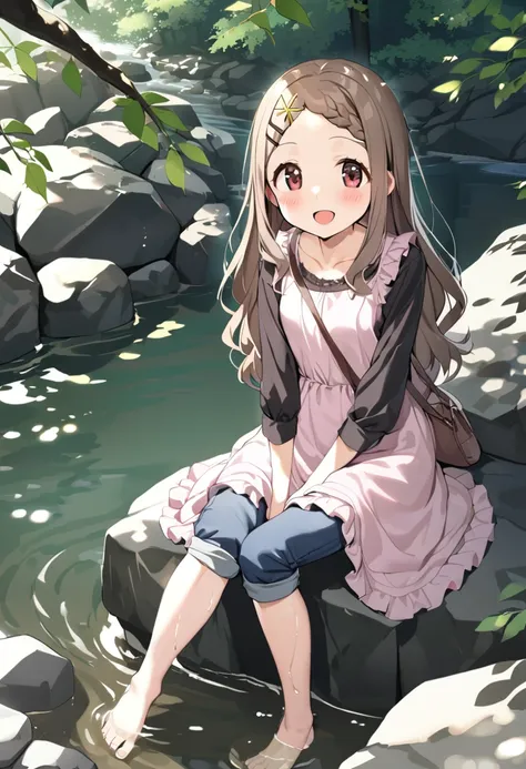 1girl, aoba kokona, barefoot, solo, open mouth, water, smile, hairclip, shoes removed, braided bangs, soaking feet, blush, pants rolled up, :d, sitting, long sleeves, brown hair, outdoors, sunlight, brown eyes, rock, day, leaf, collarbone, black shirt, capri pants, brown footwear, shoulder bag, hand between legs, brown dress, wading, pink dress, branch, grey hair, pink footwear, red eyes, looking at viewer, denim, dappled sunlight, handbag, very long hair, frills, stream, dutch angle, sleeveless dress, river, sleeves past wrists, x hair ornament, light rays, full body, frilled dress, toes, sneakers, parted bangs, sunbeam, tree, blue pants, masterpiece, best quality <lora:aoba_kokona_sdxl_locon_ani_v1:0.7>