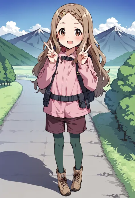 score_9, score_8_up, score_7_up, best quality, masterpiece, source_anime BREAK
aoba kokona, 1girl, solo, pantyhose, smile, brown eyes, hairclip, black legwear, brown hair, outdoors, day, mountain, standing, brown shorts, tree, blue sky, brown footwear, long sleeves, legwear under shorts, belt, closed mouth, pink jacket, hooded jacket, hood down, road, hands up, double v, open mouth, star hair ornament, cloud, wavy hair, dutch angle, thick eyebrows, blush, braided bangs, socks, flower, shadow, full body, green legwear, backpack, boots, scenery, path, light brown hair, short shorts, very long hair, looking away, mountainous horizon, sunglasses, looking at viewer, bangs, forehead, plant, blonde hair, hair flower, pink coat, purple jacket, brown skirt <lora:aoba_kokona_sdxl_locon_pony_v1:0.7>