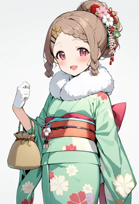 1girl, aoba kokona, japanese clothes, kimono, solo, hair flower, white gloves, smile, sash, open mouth, obi, looking at viewer, blush, brown hair, red eyes, floral print, alternate hairstyle, fur collar, :d, handbag, long sleeves, wide sleeves, hairclip, green kimono, twin braids, hair up, print kimono, fur trim, short hair, ponytail, furisode, bangs, half gloves, upper body, holding bag, hair bun, kanzashi, pink bow, pouch, pink flower, white flower, fur-trimmed kimono, pink eyes, white background, standing, kinchaku, masterpiece, best quality <lora:aoba_kokona_sdxl_locon_ani_v1:0.7>