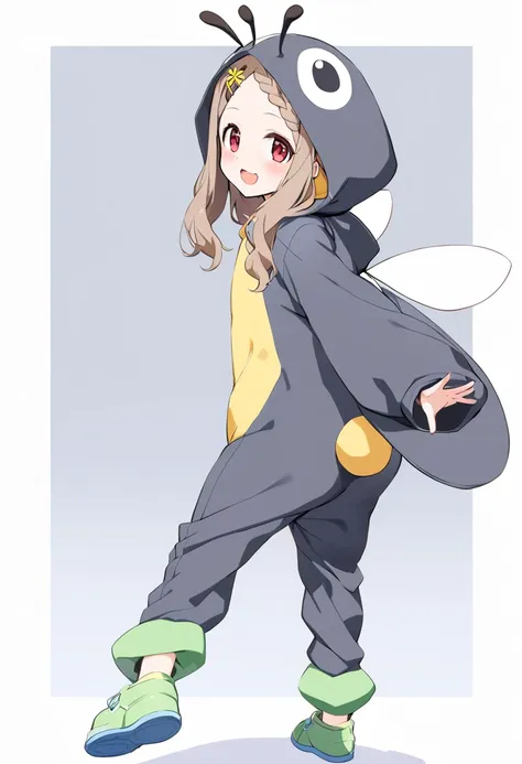 1girl, aoba kokona, solo, open mouth, smile, long hair, braided bangs, :d, blush, hairclip, looking at viewer, red eyes, hood up, antennae, cosplay, standing, looking back, standing on one leg, full body, outstretched arms, wings, penguin costume, glowing, pants, character hood, :3, brown hair, puffy long sleeves, light brown hair, grey background, animal hood, hair flower, yellow flower, hooded jacket, fake wings, blue footwear, animal costume, looking to the side, from behind, spread arms, brown flower, bee costume, two-tone background, sleeves past wrists, hoodie, kigurumi, border, onesie, green footwear, bunny hood, parted bangs, from side, socks, insect wings, fake halo, fake animal ears, black jacket, masterpiece, best quality <lora:aoba_kokona_sdxl_locon_ani_v1:0.7>