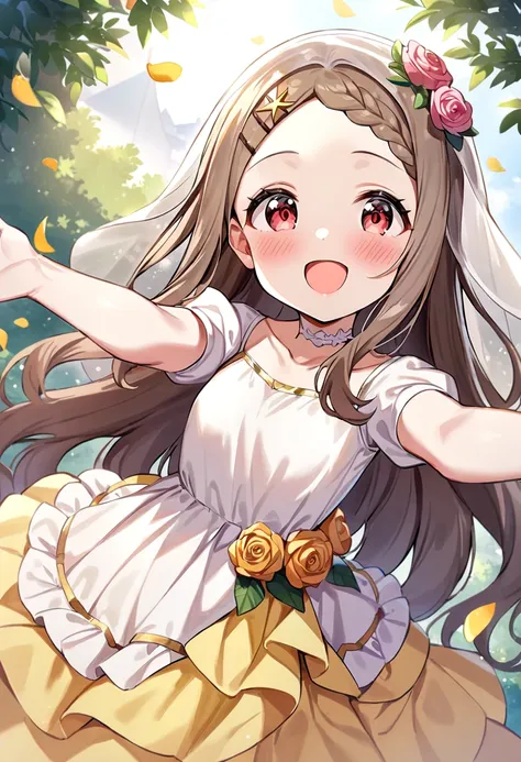 masterpiece, best quality, very aesthetic, absurdres, 1girl, aoba kokona, solo, open mouth, smile, hair flower, brown hair, looking at viewer, :d, outstretched arms, braided bangs, collarbone, blush, pink flower, very long hair, yellow flower, petals, star \(symbol\), white dress, yellow rose, pink rose, puffy short sleeves, yellow dress, pink eyes, parted bangs, dutch angle, outdoors, forehead, lens flare, star hair ornament, white shirt, orange flower, orange rose, arms up, brown eyes, spread arms, white choker, brown rose, standing, brown flower, day, sunlight, layered dress, small breasts, veil, grey hair, red eyes <lora:aoba_kokona_sdxl_locon_ani31_v1:0.7>