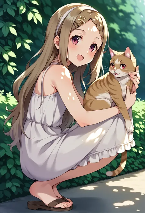 score_9, score_8_up, score_7_up, best quality, masterpiece, source_anime BREAK
1girl, aoba kokona, cat, squatting, open mouth, sandals, smile, looking at viewer, solo, white dress, hairclip, outdoors, brown hair, braided bangs, sleeveless dress, :d, day, from side, dappled sunlight, blush, sunlight, bare shoulders, red eyes, hairband, sundress, full body, purple eyes, hair flower, forehead, bare arms, flower, blonde hair, pink eyes, holding animal, shadow, looking to the side, petting, poking, shade, sidelocks, light brown hair, very long hair, parted bangs, wall, brown footwear, blurry background <lora:aoba_kokona_sdxl_locon_pony_v1:0.7>