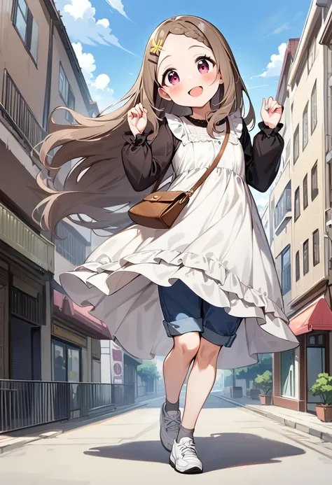 masterpiece, best quality, very aesthetic, absurdres, 1girl, aoba kokona, solo, open mouth, smile, braided bangs, hairclip, :d, blush, standing, long sleeves, hair flower, shoulder bag, flower, standing on one leg, grey hair, socks, white dress, looking at viewer, very long hair, black shirt, outdoors, full body, day, brown footwear, red eyes, handbag, holding, frills, forehead, brown hair, blue shorts, hands up, building, grey legwear, white footwear, head tilt, grey shorts, pink eyes, parted bangs, purple eyes, leg up, blue sky <lora:aoba_kokona_sdxl_locon_ani31_v1:0.7>