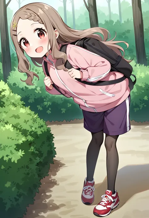 masterpiece, best quality, very aesthetic, absurdres, 1girl, aoba kokona, solo, long hair, pantyhose, open mouth, bag, hairclip, smile, braided bangs, brown hair, blush, looking at viewer, :d, backpack, outdoors, pink jacket, red eyes, socks, forehead, leaning forward, long sleeves, grey legwear, day, brown footwear, hair flower, holding strap, brown eyes, standing, black legwear, white legwear, tree, forehead, hood down, sneakers, pink hoodie, light brown hair, red footwear, nature, wavy hair, hooded jacket, bush, from side, track jacket, purple shorts, x hair ornament, forest, parted bangs, gym shorts, grey hair, grass <lora:aoba_kokona_sdxl_locon_ani31_v1:0.7>