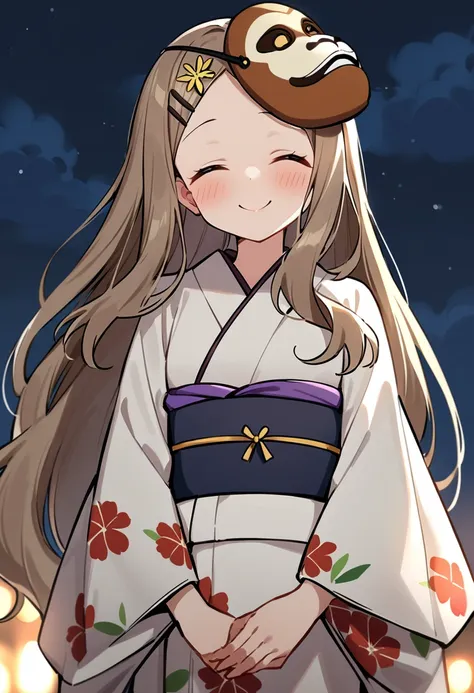 masterpiece, best quality, very aesthetic, absurdres, 1girl, aoba kokona, japanese clothes, kimono, mask, closed eyes, smile, solo, mask on head, braided bangs, sash, hairclip, obi, blush, yukata, white kimono, light brown hair, ^ ^, print kimono, very long hair, facing viewer, closed mouth, floral print, night, upper body, outdoors, brown hair, long sleeves, forehead, parted bangs, night sky, hair flower, flower, blonde hair, monkey mask, wide sleeves, v arms <lora:aoba_kokona_sdxl_locon_ani31_v1:0.7>