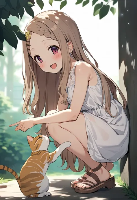 1girl, aoba kokona, cat, squatting, open mouth, sandals, smile, looking at viewer, solo, white dress, hairclip, outdoors, brown hair, braided bangs, sleeveless dress, :d, day, from side, dappled sunlight, blush, sunlight, bare shoulders, red eyes, hairband, sundress, full body, purple eyes, hair flower, forehead, bare arms, flower, blonde hair, pink eyes, holding animal, shadow, looking to the side, petting, poking, shade, sidelocks, light brown hair, very long hair, parted bangs, wall, brown footwear, blurry background, masterpiece, best quality <lora:aoba_kokona_sdxl_locon_ani_v1:0.7>