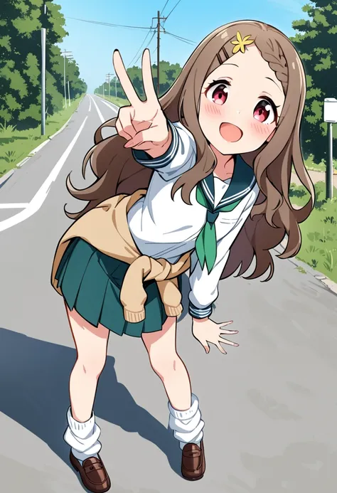 masterpiece, best quality, very aesthetic, absurdres, 1girl, aoba kokona, brown hair, long hair, school uniform, solo, open mouth, clothes around waist, hairclip, pleated skirt, loose socks, brown footwear, white legwear, smile, serafuku, looking at viewer, outdoors, blush, loafers, socks, braided bangs, :d, standing, white shirt, long sleeves, full body, green neckwear, arm up, pink eyes, red eyes, wavy hair, v, sweater, sweater around waist, w, brown eyes, road, green skirt, day, blue skirt, cardigan around waist, forehead, utility pole, aqua neckwear, green sailor collar, miniskirt, hair flower, blue sailor collar, shadow, leaning forward, tree, cardigan, green bowtie, outstretched arm, bangs, flower, blue sky <lora:aoba_kokona_sdxl_locon_ani31_v1:0.7>