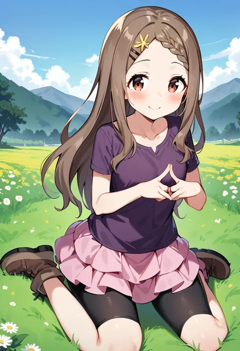 masterpiece, best quality, very aesthetic, absurdres, 1girl, aoba kokona, solo, long hair, brown hair, braided bangs, brown eyes, index fingers together, smile, fingers together, sitting, hairclip, looking at viewer, flower, wariza, pink skirt, hair flower, blush, leggings, floral print, black legwear, short sleeves, brown footwear, fidgeting, full body, x fingers, layered skirt, purple shirt, collarbone, miniskirt, pleated skirt, frilled skirt, thigh gap, closed mouth, pants under skirt, capri pants, ankle boots, kneeling, bangs, field, mountainous horizon, blue sky <lora:aoba_kokona_sdxl_locon_ani31_v1:0.7>