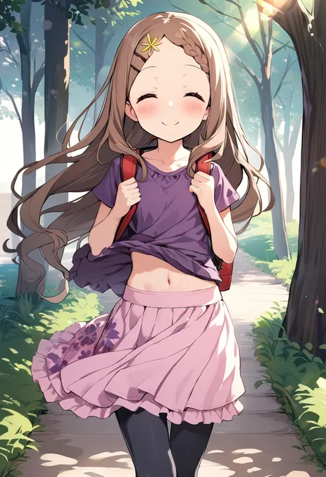 1girl, aoba kokona, solo, closed eyes, smile, brown hair, bag, braided bangs, backpack, navel, ^_^, capri pants, midriff, leggings, hairclip, facing viewer, layered skirt, barefoot, wind, floral print, short sleeves, pink skirt, walking, blush, purple shirt, thigh gap, hair flower, closed mouth, lens flare, standing, frilled skirt, wind lift, outdoors, day, collarbone, forehead, frills, clothes lift, very long hair, pants under skirt, masterpiece, best quality <lora:aoba_kokona_sdxl_locon_ani_v1:0.7>