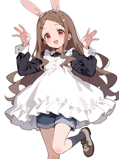 aoba kokona, brown hair, braided bangs, hairclip, hair flower, very long hair, red eyes, parted bangs, wavy hair, white dress, long sleeves, black shirt, grey shorts, blue shorts, frills, grey legwear, socks, white footwear, brown footwear, <lora:aoba_kokona_sdxl_locon_pony_v1:0.7>, young, score_9, score_8_up, score_7_up, 1girl, solo, looking at viewer, simple background, bunny pose