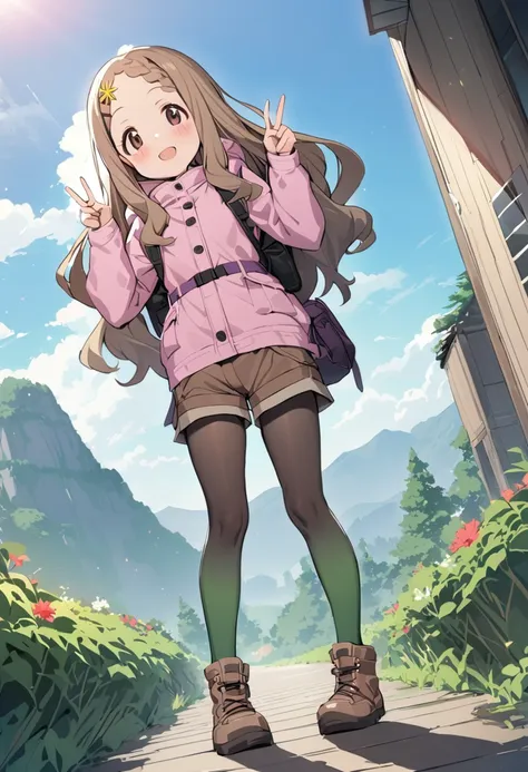 1girl, aoba kokona, solo, pantyhose, smile, brown eyes, hairclip, black legwear, brown hair, outdoors, day, mountain, standing, brown shorts, tree, blue sky, brown footwear, long sleeves, legwear under shorts, belt, closed mouth, pink jacket, hooded jacket, hood down, road, hands up, double v, open mouth, star hair ornament, cloud, wavy hair, dutch angle, thick eyebrows, blush, braided bangs, socks, flower, shadow, full body, green legwear, backpack, boots, scenery, path, light brown hair, short shorts, very long hair, looking away, mountainous horizon, sunglasses, looking at viewer, bangs, forehead, plant, blonde hair, hair flower, pink coat, purple jacket, brown skirt, masterpiece, best quality <lora:aoba_kokona_sdxl_locon_ani_v1:0.7>