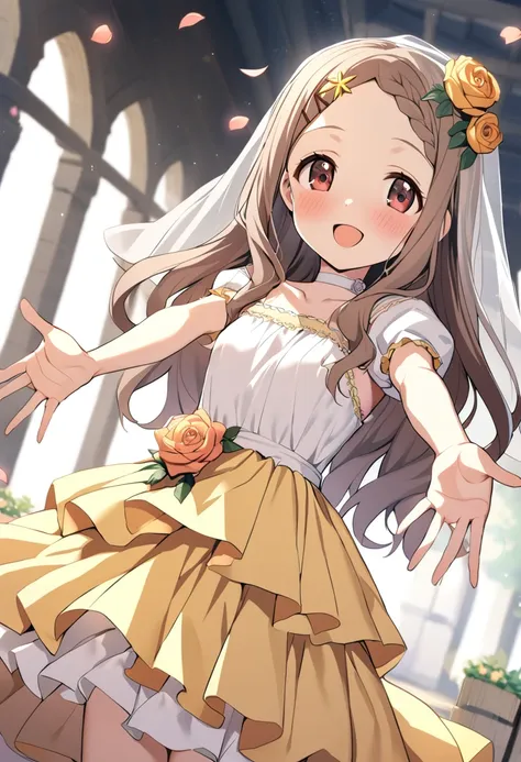 1girl, aoba kokona, solo, open mouth, smile, hair flower, brown hair, looking at viewer, :d, outstretched arms, braided bangs, collarbone, blush, pink flower, very long hair, yellow flower, petals, star \(symbol\), white dress, yellow rose, pink rose, puffy short sleeves, yellow dress, pink eyes, parted bangs, dutch angle, outdoors, forehead, lens flare, star hair ornament, white shirt, orange flower, orange rose, arms up, brown eyes, spread arms, white choker, brown rose, standing, brown flower, day, sunlight, layered dress, small breasts, veil, grey hair, red eyes, blurry background, masterpiece, best quality <lora:aoba_kokona_sdxl_locon_ani_v1:0.7>